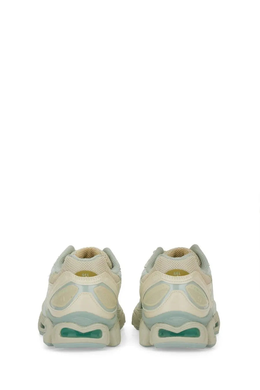 Cream and mint green ASICS unisex Gel Nimbus chunky sneakers with a layered translucent design in white