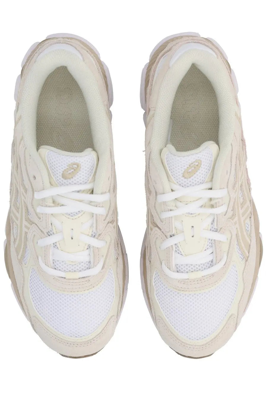 Cream-colored asics gel-kayano 17 sneakers with white mesh and laces featuring a chunky midsole design