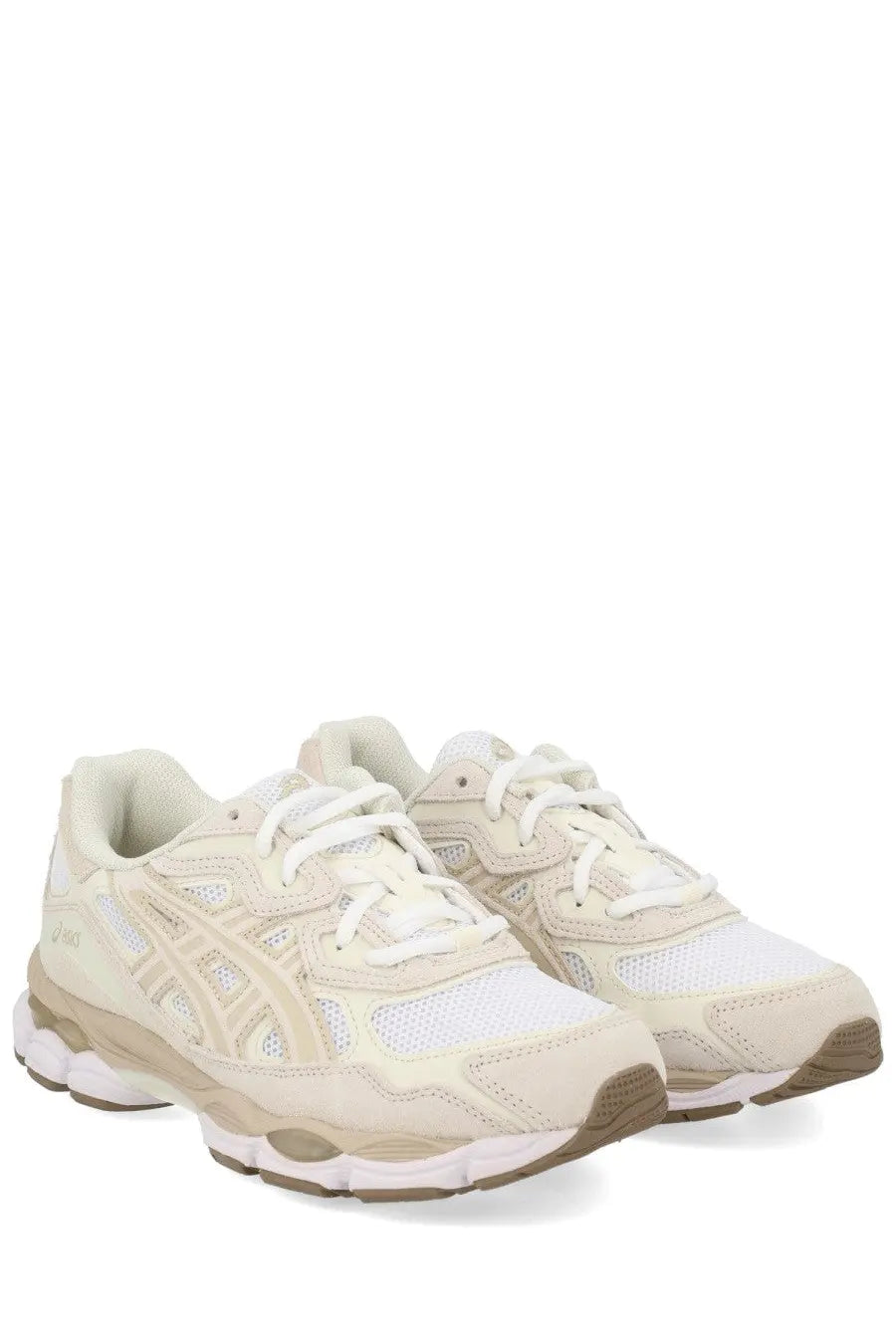 Cream-colored asics unisex gel nyc sneaker with mesh and suede upper white laces and layered midsole