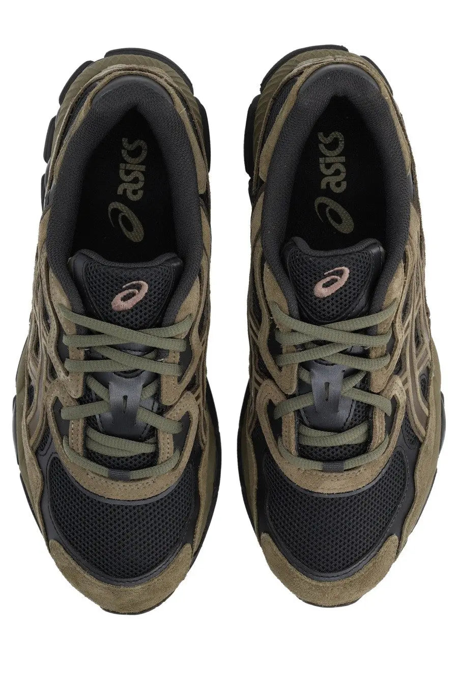 Olive green and black asics unisex gel nyc sneakers with suede mesh upper retro design and pink logo accents