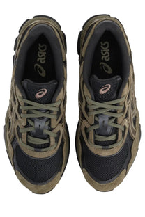 Olive green and black asics unisex gel nyc sneakers with suede mesh upper retro design and pink logo accents