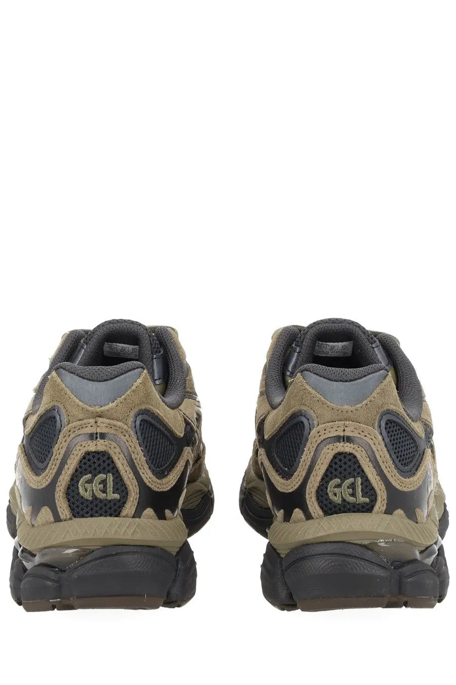 Back view of tan and black suede and mesh asics unisex gel nyc sneaker with chunky rubber sole and gcl logo on heel