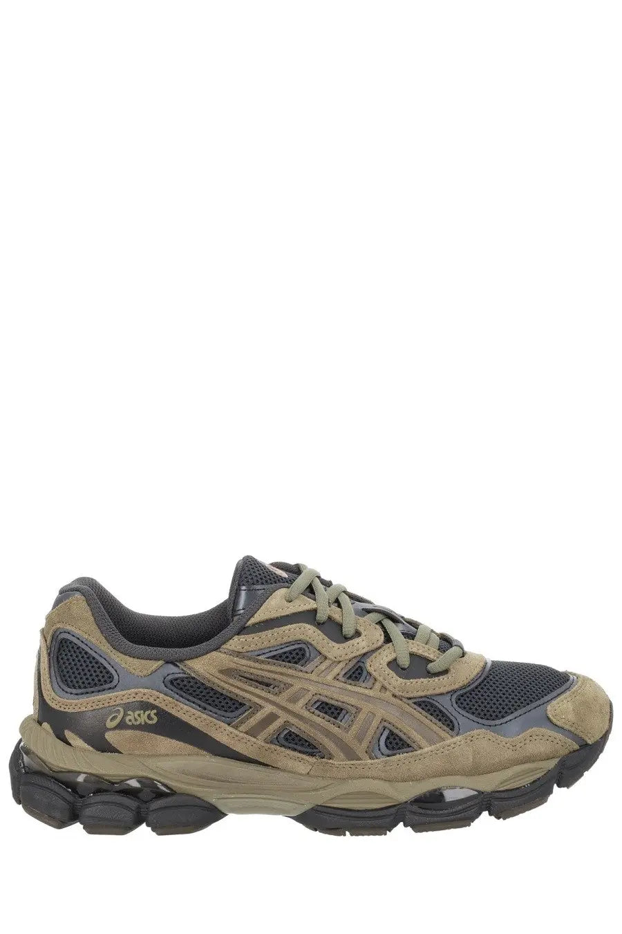 Tan and dark gray asics unisex gel nyc running shoe with mesh suede and synthetic overlays in brown color