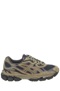 Tan and dark gray asics unisex gel nyc running shoe with mesh suede and synthetic overlays in brown color