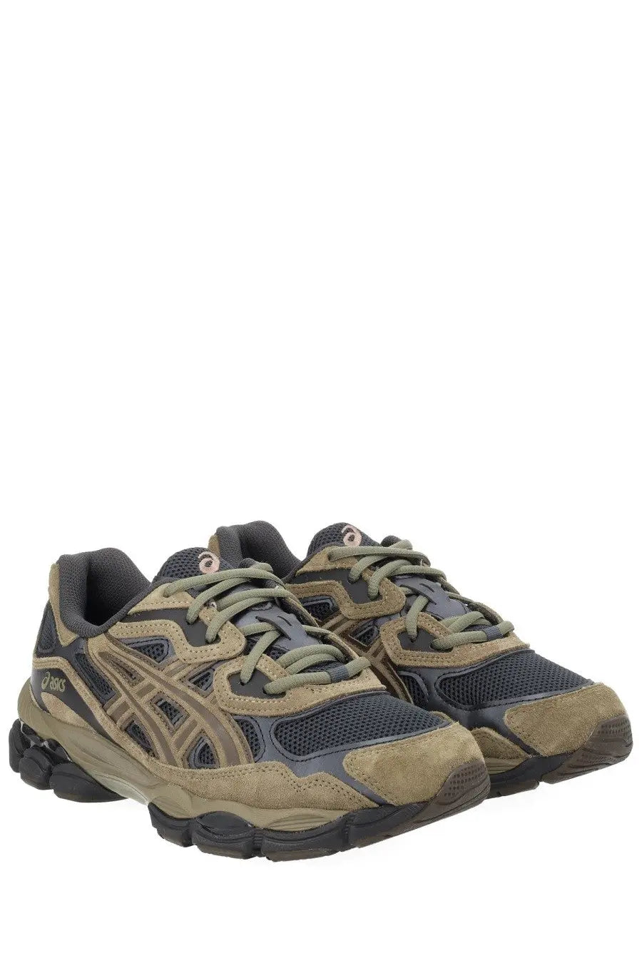 Tan and dark gray asics unisex gel nyc sneaker featuring suede mesh and synthetic overlays in brown tones