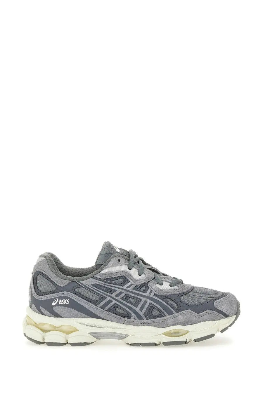 Gray asics unisex gel nyc sneaker with mesh and suede upper and white midsole with translucent yellow air units