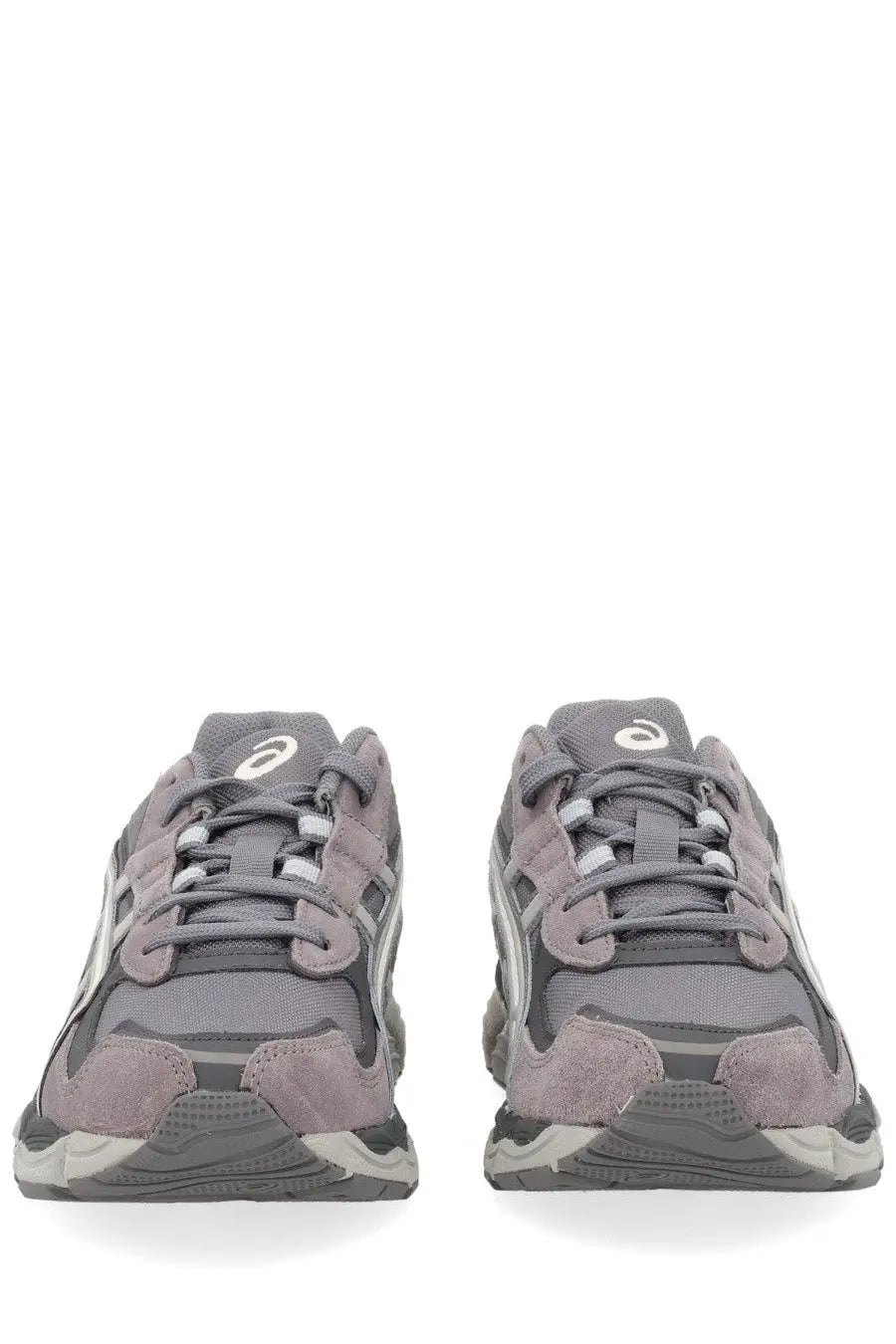 Gray asics unisex gel nyc running shoes with suede and mesh upper white laces and layered rubber sole