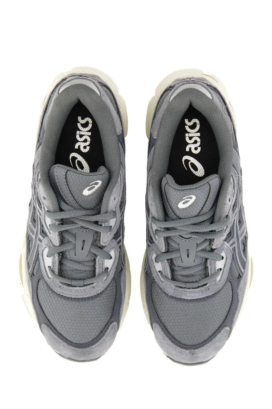 Gray asics unisex gel nyc running shoes with textured mesh and suede upper and white rubber soles