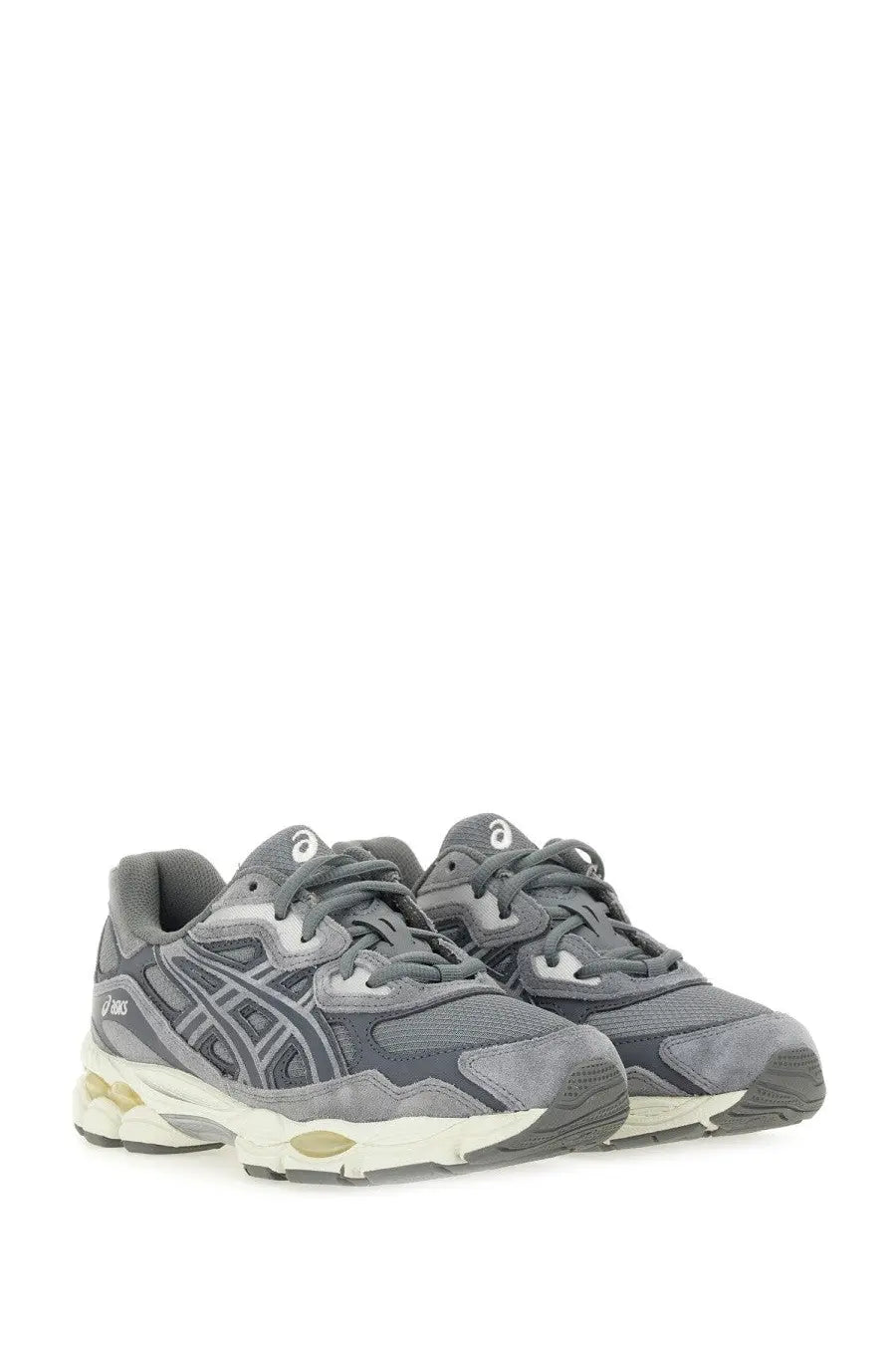 Gray ASICS unisex gel nyc running shoes with textured mesh and suede upper, white laces, and subtle gold midsole details