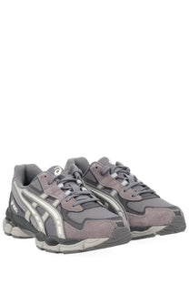 Asics unisex gel nyc sneaker in gray and silver with suede and mesh upper featuring signature striped design