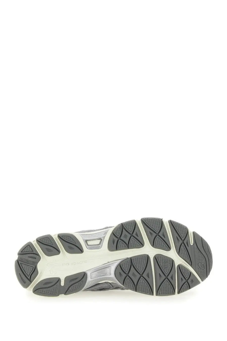 Gray and white textured sole of asics unisex gel nyc sneaker designed for athletic performance and durability