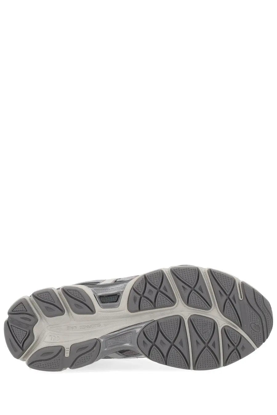 Gray and white rubber sole with textured geometric tread pattern on asics unisex gel nyc sneaker gray