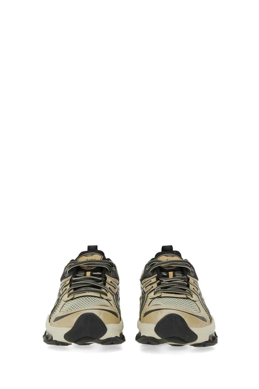 Beige and black asics unisex gel quantum kinetic sneaker with mesh and synthetic overlays and chunky rubber sole