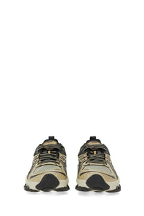 Beige and black asics unisex gel quantum kinetic sneaker with mesh and synthetic overlays and chunky rubber sole
