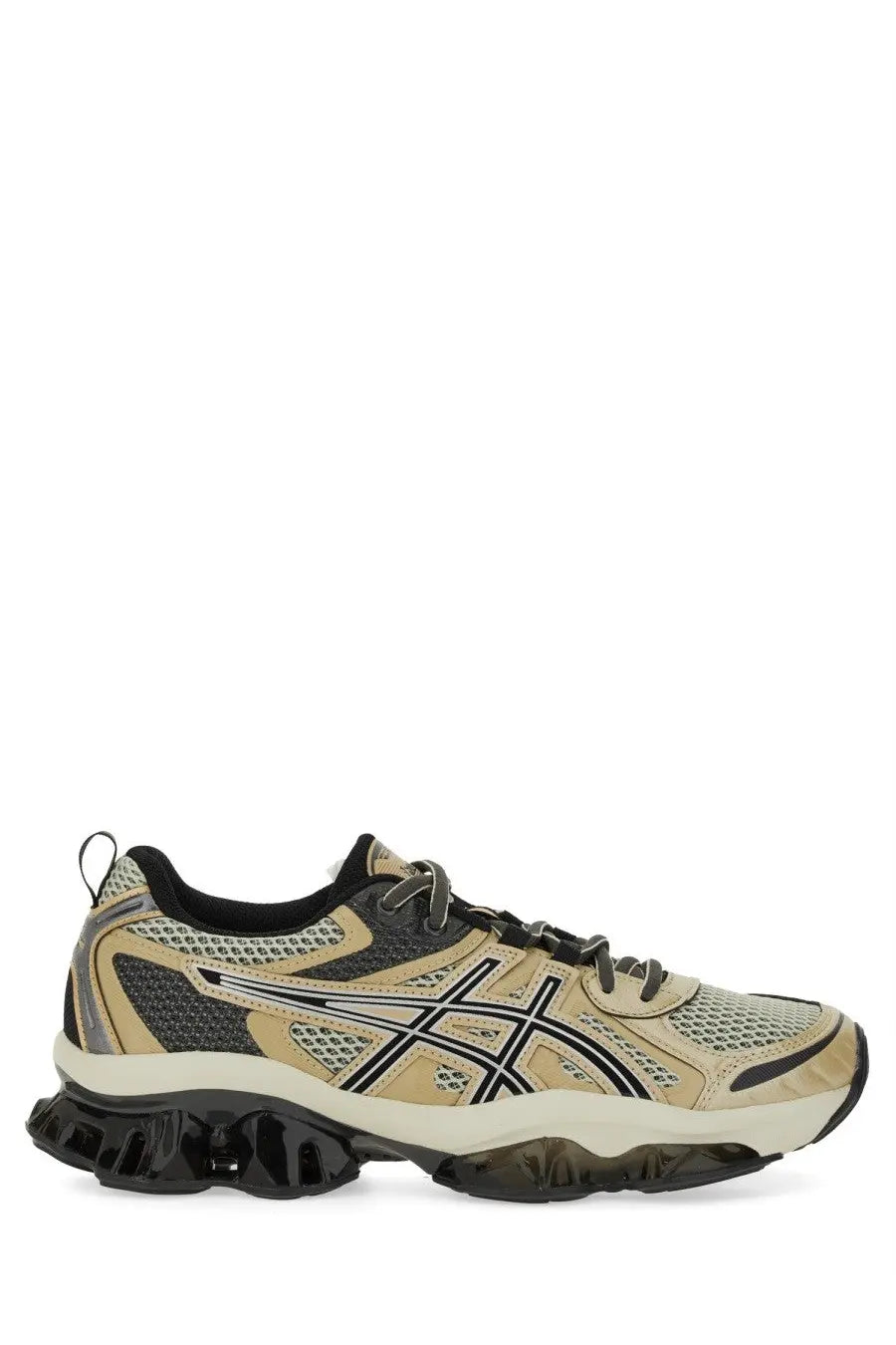 Beige and black asics gel-kayano 28 running shoe with mesh upper rubber outsole and signature logo in multicolor design