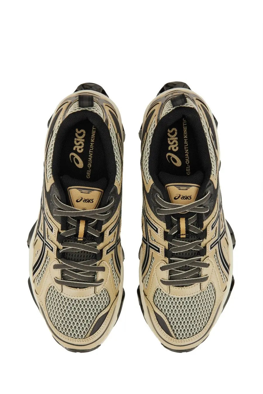 Beige and black asics unisex gel quantum kinetic running shoes with mesh uppers and gold branding in multicolor design