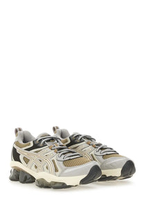 Asics unisex gel quantum kinetic sneaker in gray and beige with mesh and synthetic overlays and chunky translucent sole