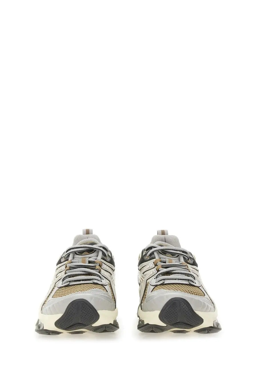 Gray and black asics unisex gel quantum kinetic sneaker with mesh upper rubber sole and chunky midsole