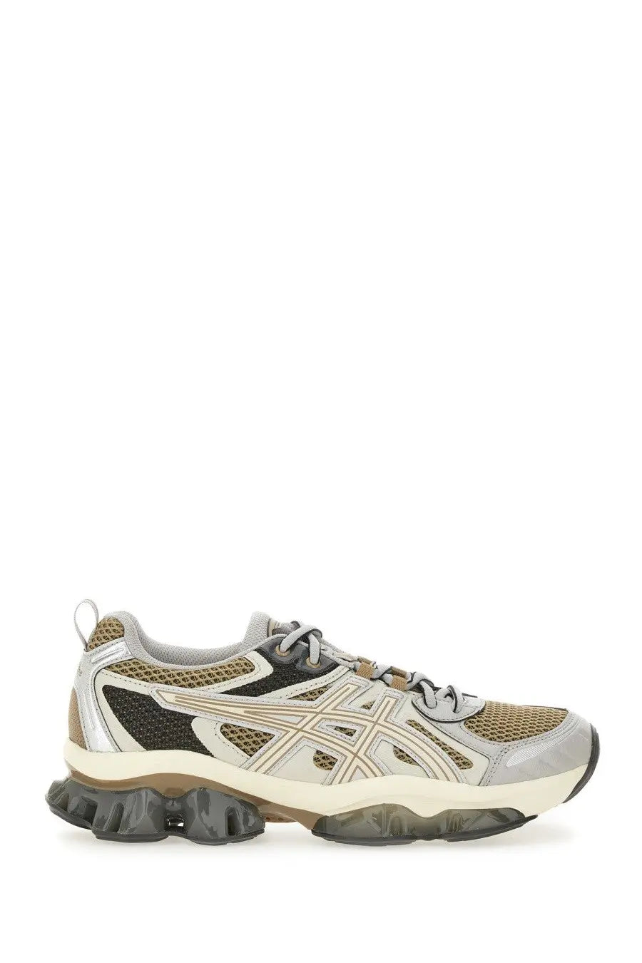 Asics unisex gel quantum kinetic sneaker in beige black and silver mesh and synthetic overlays with modern design