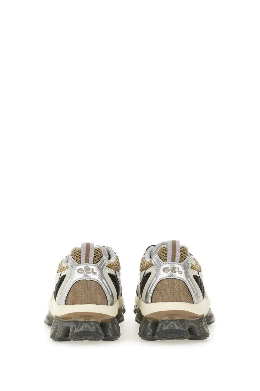 Tan and silver mesh asics unisex gel quantum kinetic sneaker with chunky black rubber sole front view
