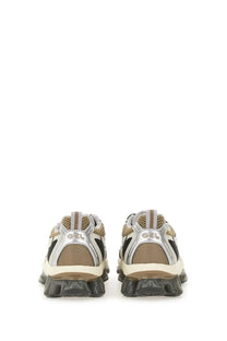 Tan and silver mesh asics unisex gel quantum kinetic sneaker with chunky black rubber sole front view