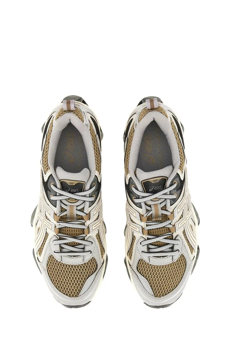 White and gold asics unisex gel quantum kinetic running shoes with mesh and synthetic overlays for performance use
