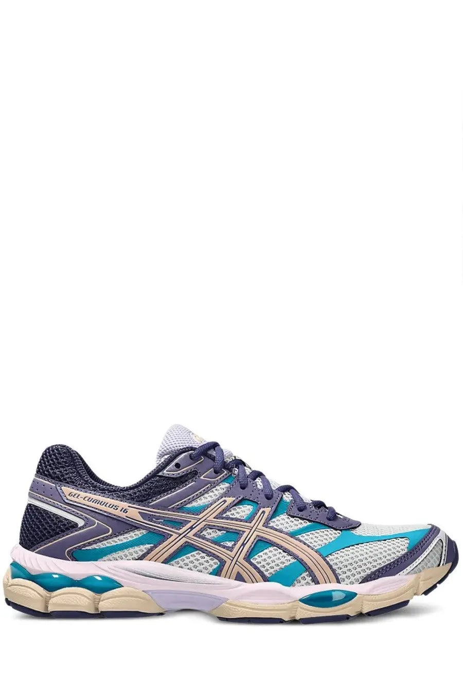 Asics unisex sneaker gel cumulus multicolor running shoe in navy teal beige with mesh upper and signature stripes