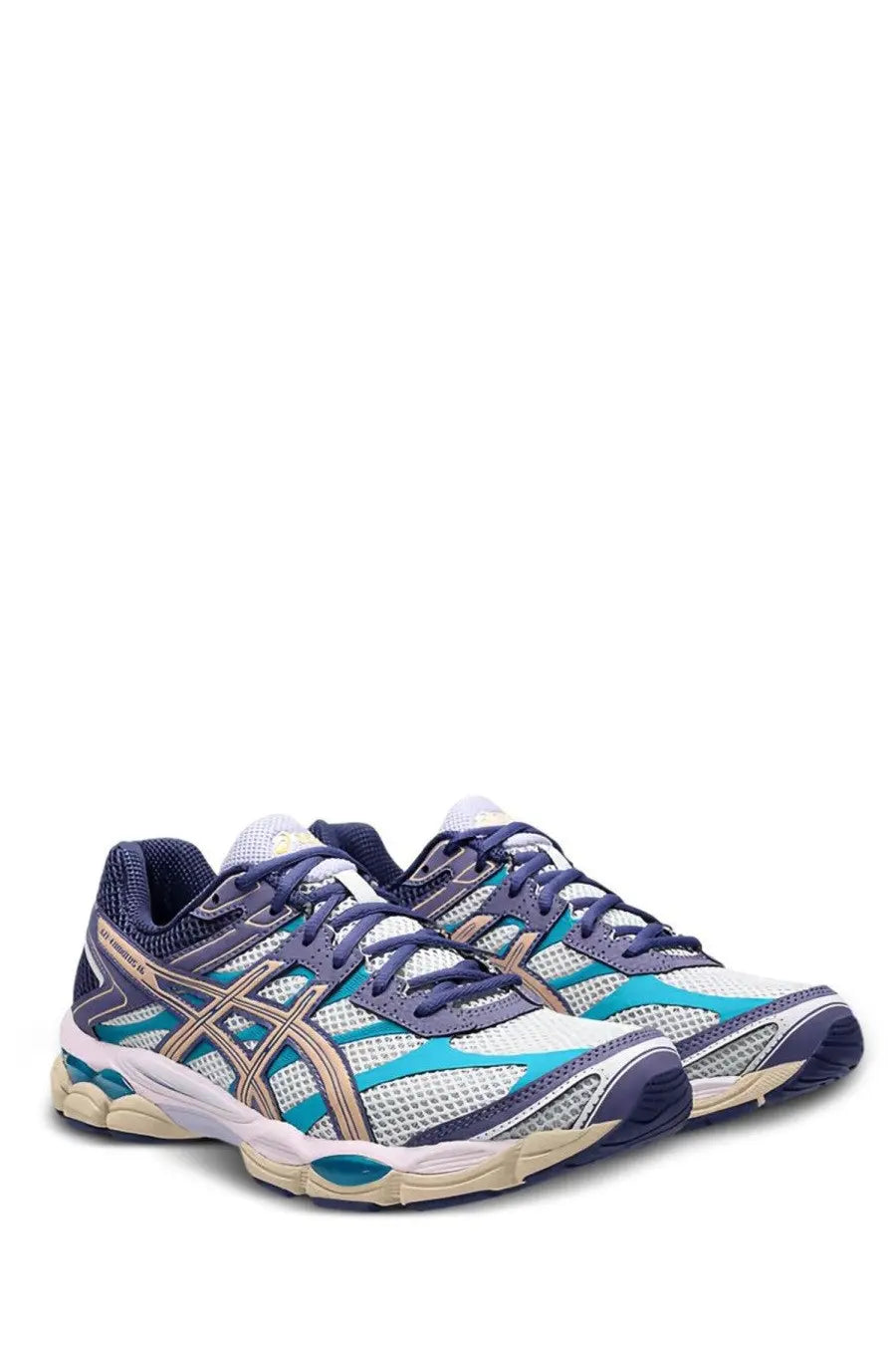 Asics unisex sneaker gel cumulus in white navy blue and teal with mesh upper and supportive midsole for running