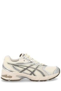 Cream-colored asics unisex sneaker gel ds trainer with silver mesh synthetic overlays cushioned midsole and textured outsole