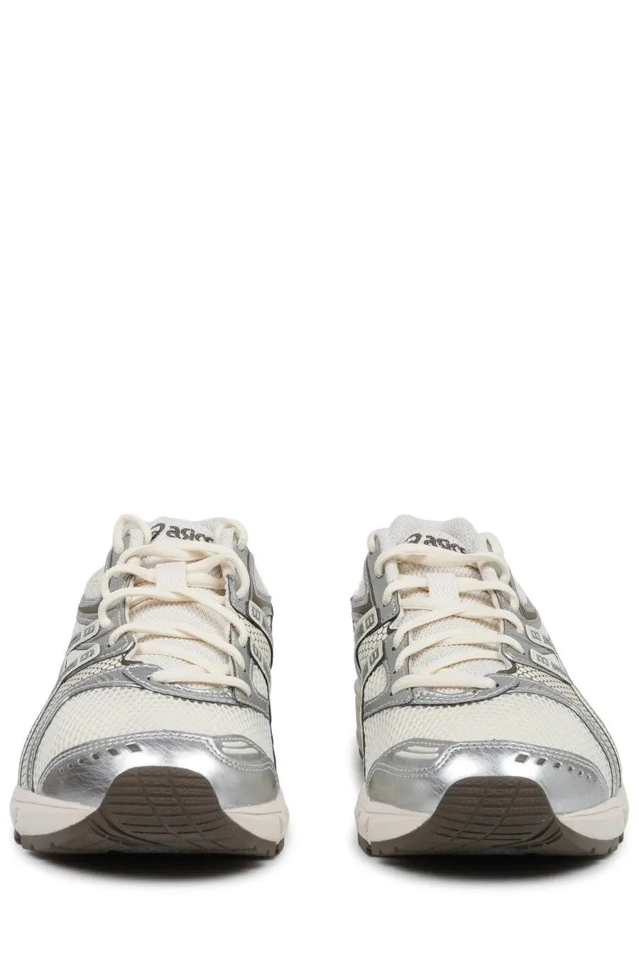Silver and white asics unisex sneaker gel ds trainer with mesh upper and metallic silver accents on toe and sides