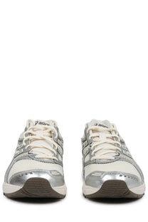 Silver and white asics unisex sneaker gel ds trainer with mesh upper and metallic silver accents on toe and sides