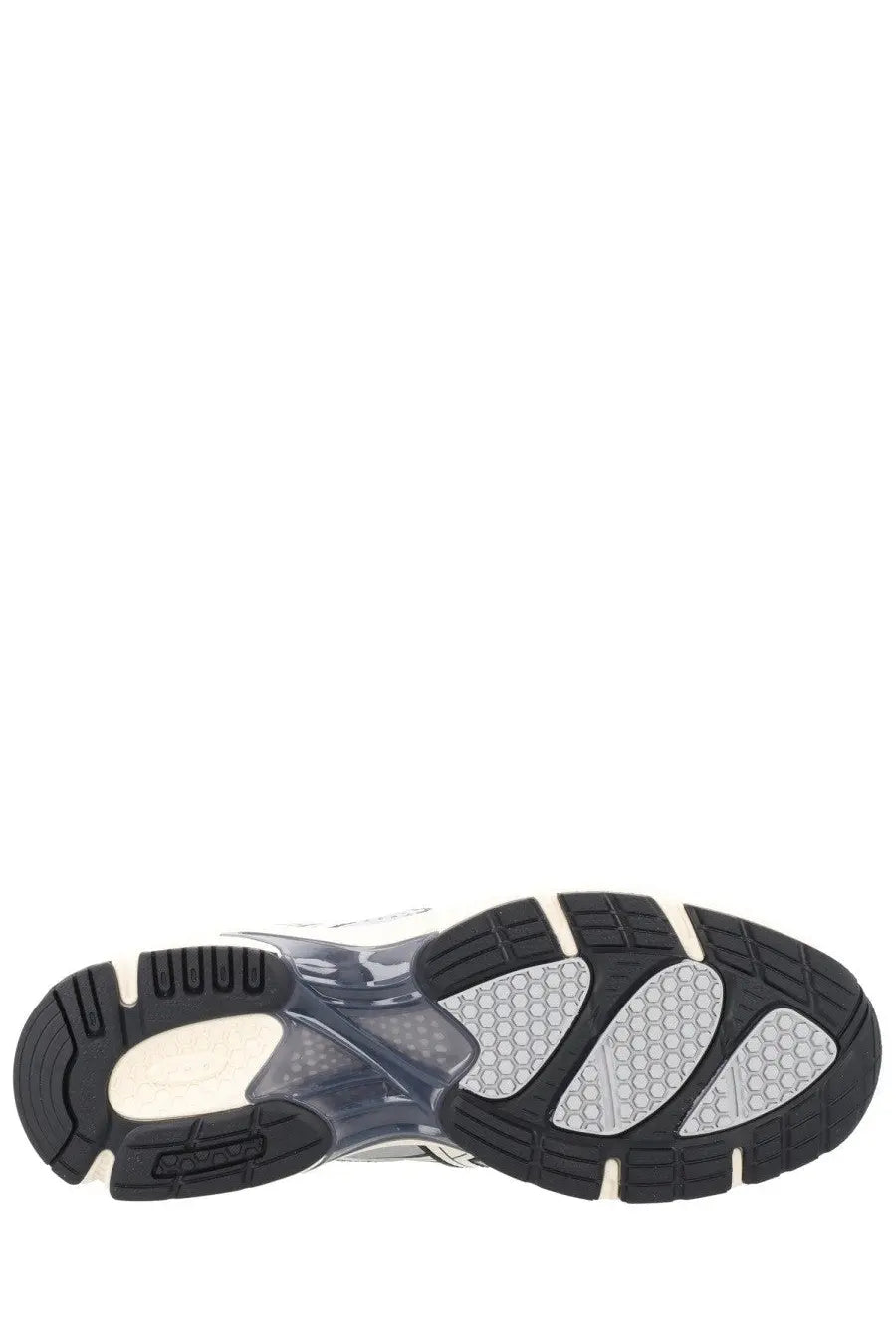 Black and translucent gray athletic sole with white midsole and hexagonal tread on asics unisex sneaker gel ds trainer gray