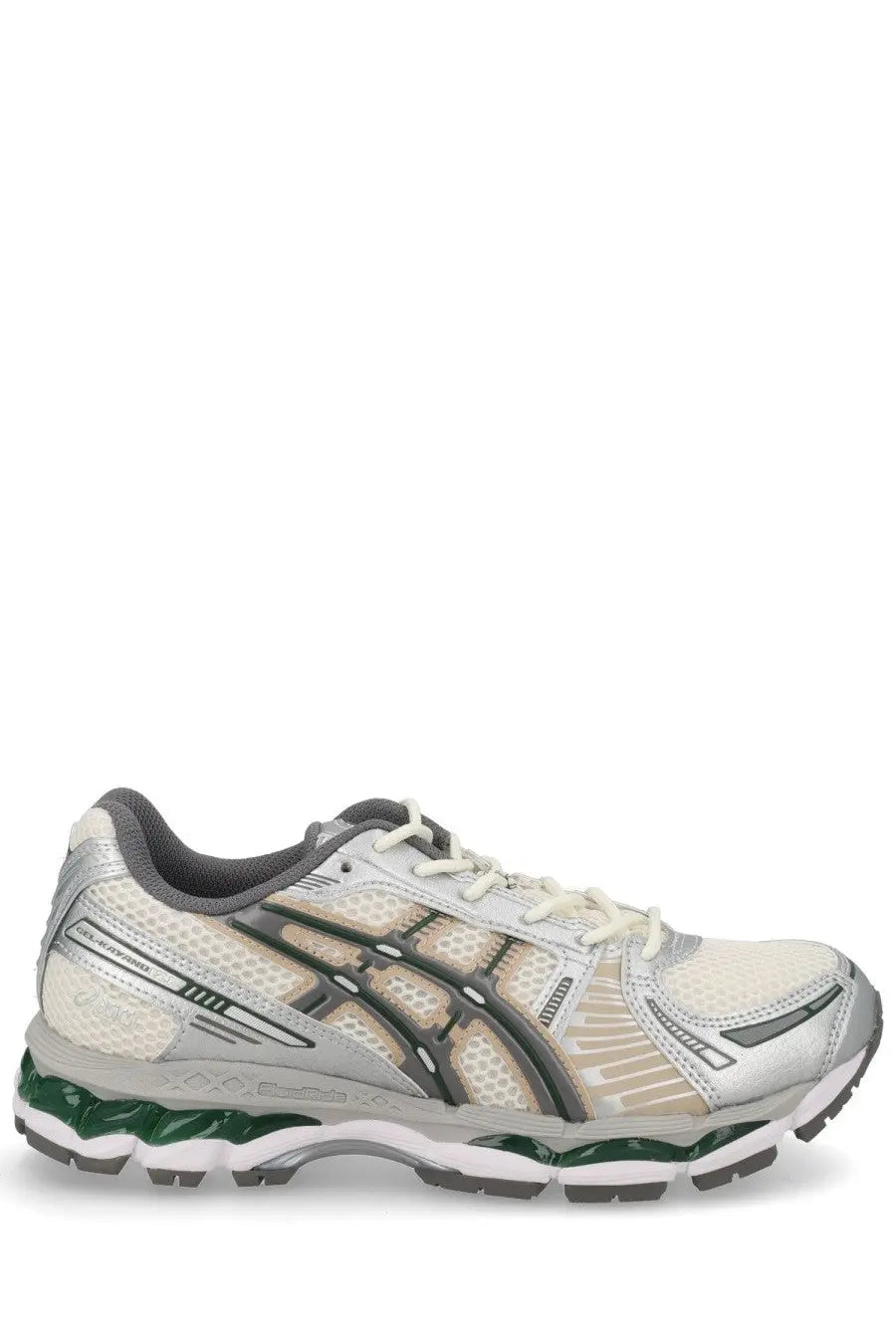 Asics unisex sneaker gel kayano 26 running shoe in white silver and green with mesh upper and rubber outsole