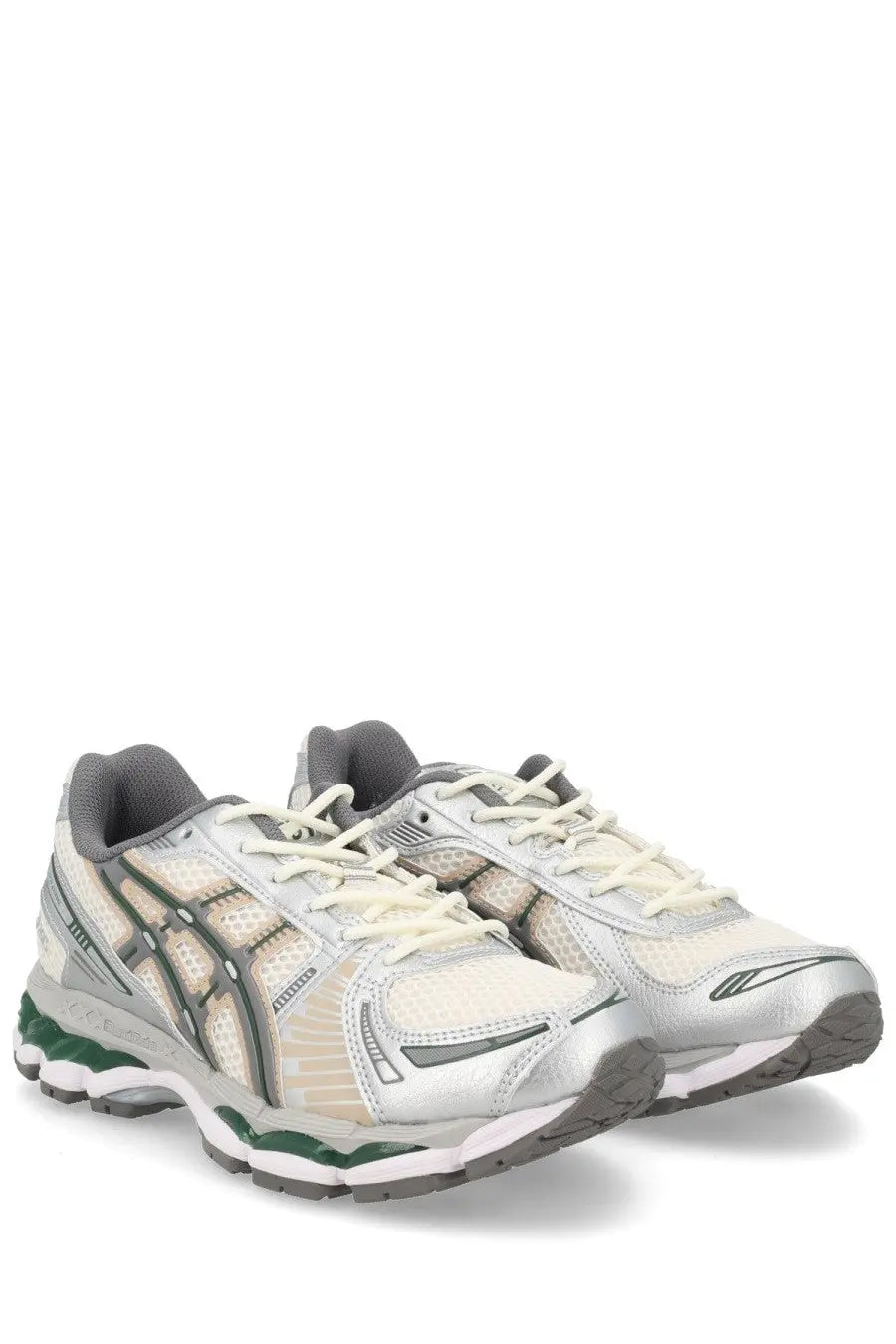 Asics unisex sneaker gel kayano beige silver and beige running shoes with mesh upper gray accents and green sole detailing
