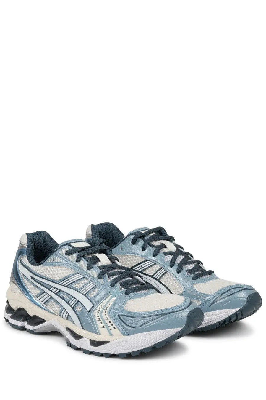 Asics unisex sneaker gel kayano 14 in light blue and white with black laces and textured mesh upper for running