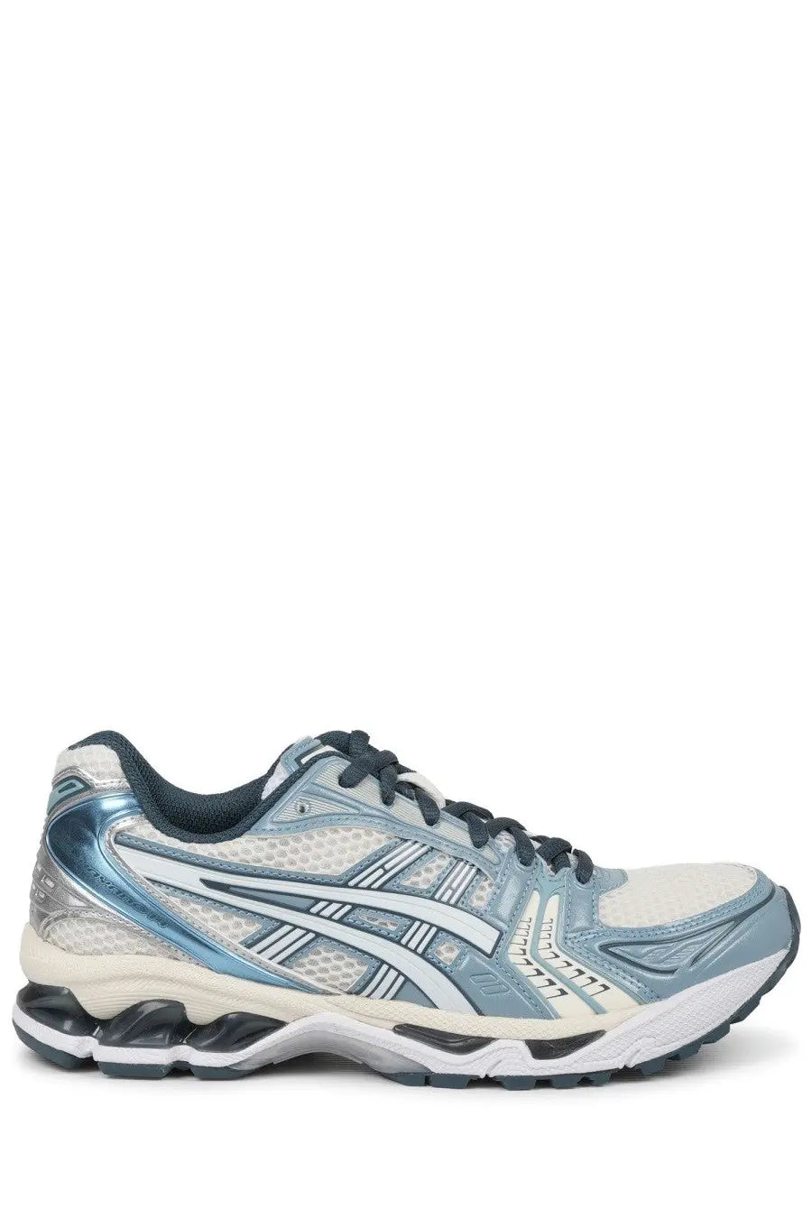 Light blue and white asics unisex sneaker gel kayano with mesh upper metallic silver accents and cushioned midsole