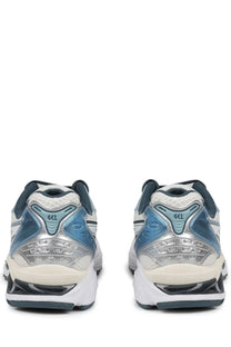 Asics unisex sneaker gel kayano 14 in silver and blue with textured mesh upper and rubber outsole for running