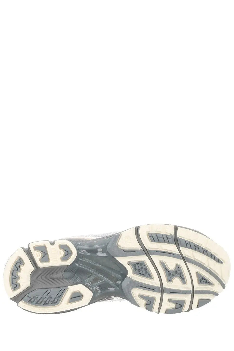 Gray and white rubber sole with textured geometric pattern of asics unisex sneaker gel kayano grey