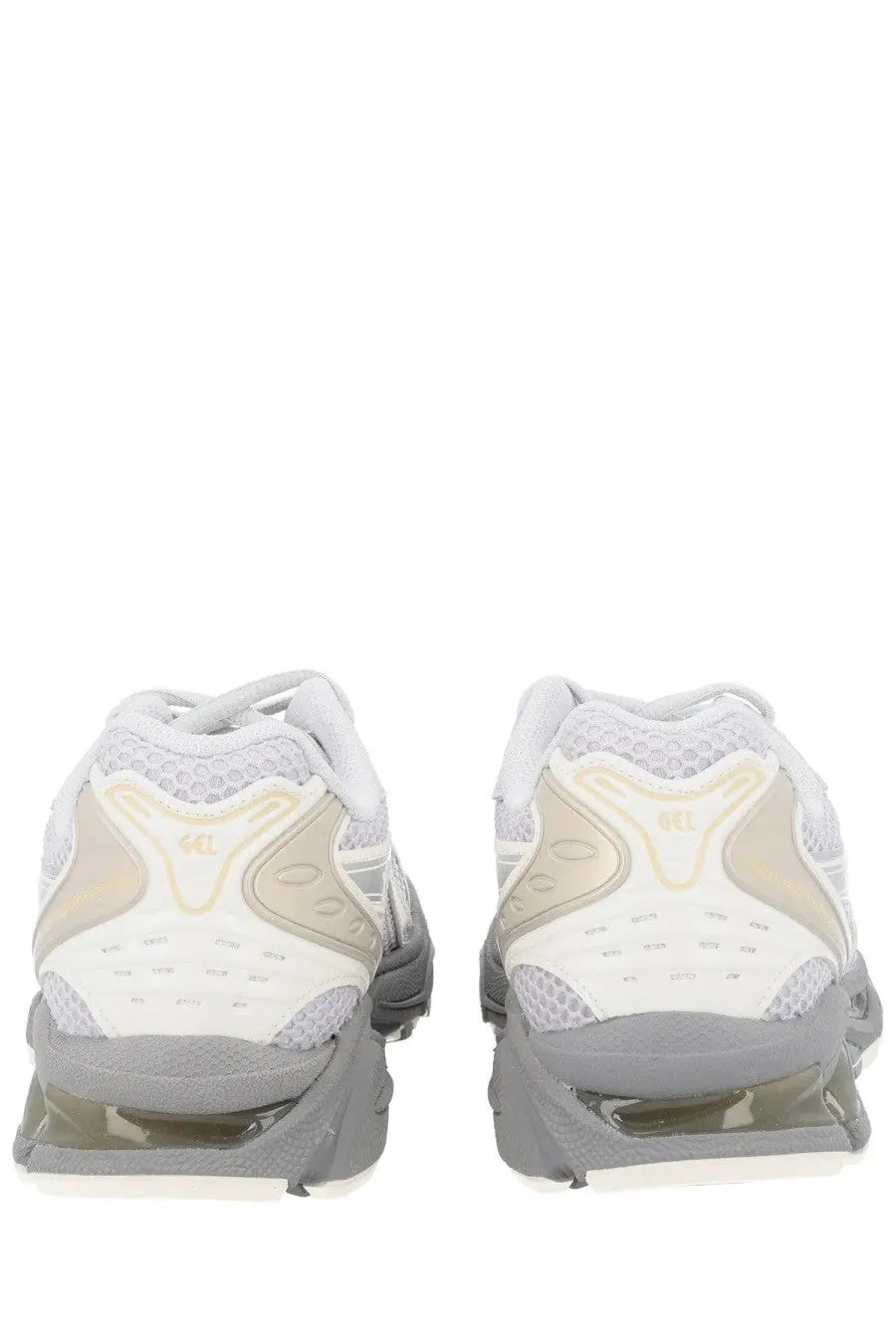 Asics unisex sneaker gel kayano grey featuring white and beige mesh with chunky gray sole and visible air cushioning units