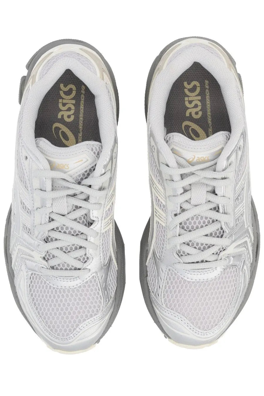 Asics unisex sneaker gel kayano grey with white and gray mesh uppers and a sleek modern running shoe design