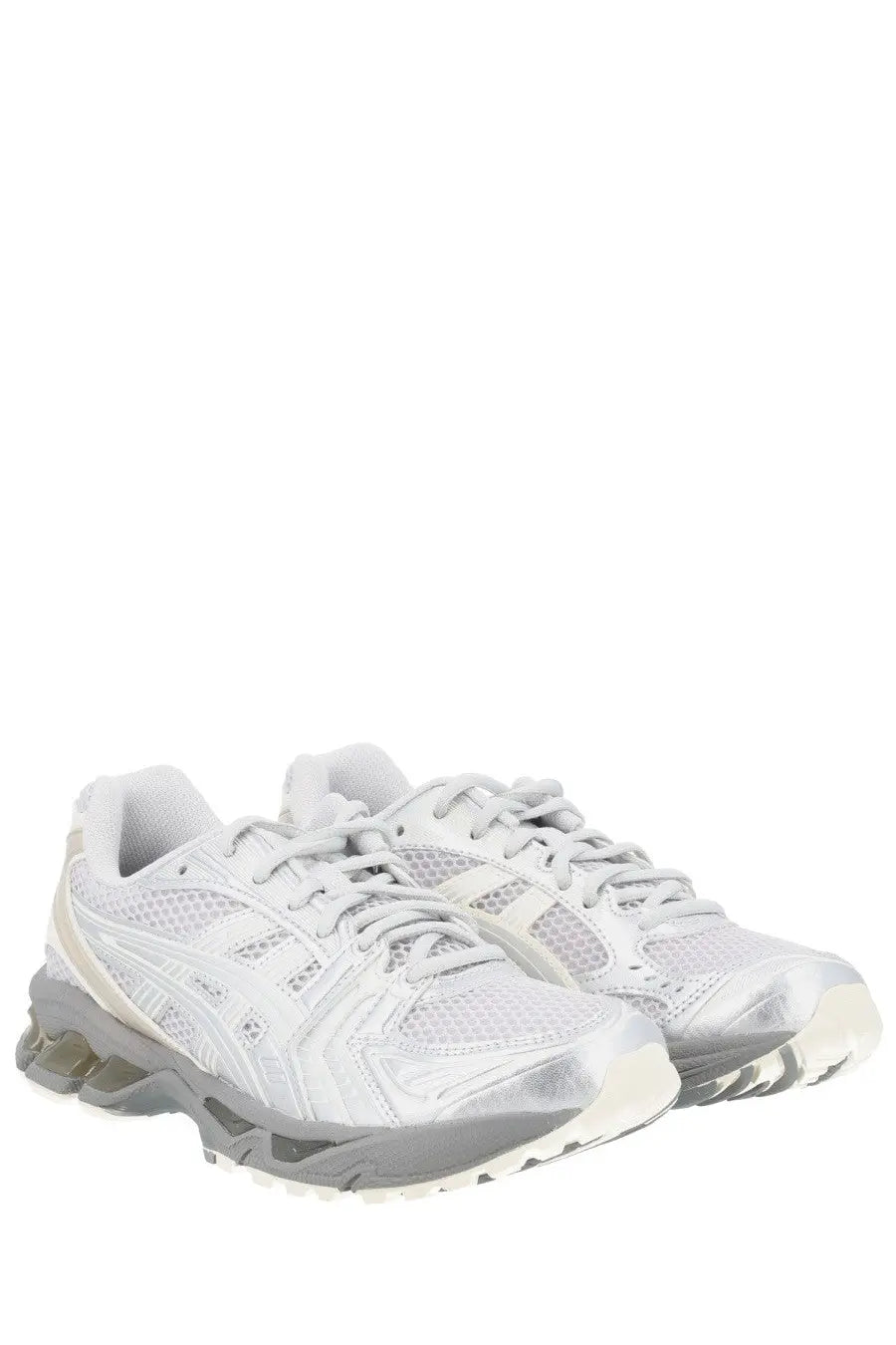 Asics unisex sneaker gel kayano grey white and silver running shoes with mesh upper translucent rubber sole and metallic accents