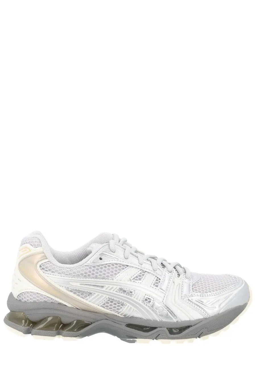 Asics unisex sneaker gel kayano grey with white and silver mesh upper translucent midsole and textured rubber outsole