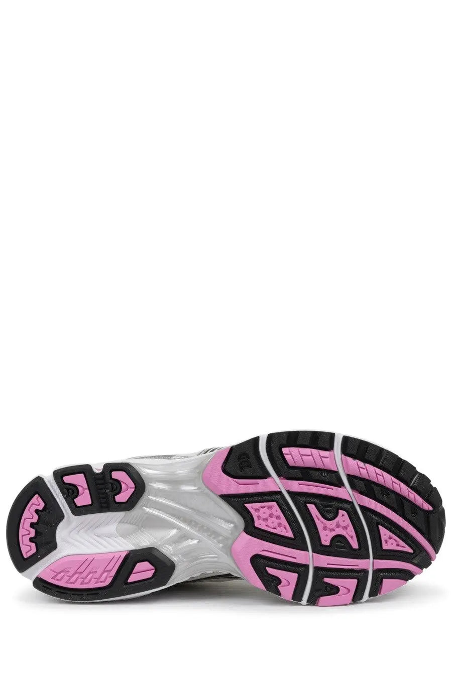 Pink and black rubber sole with white midsole and sporty tread on asics unisex sneaker gel kayano multicolor