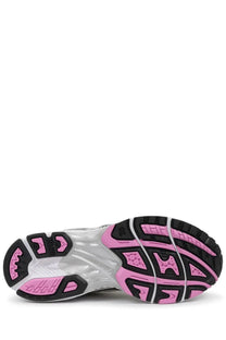 Pink and black rubber sole with white midsole and sporty tread on asics unisex sneaker gel kayano multicolor
