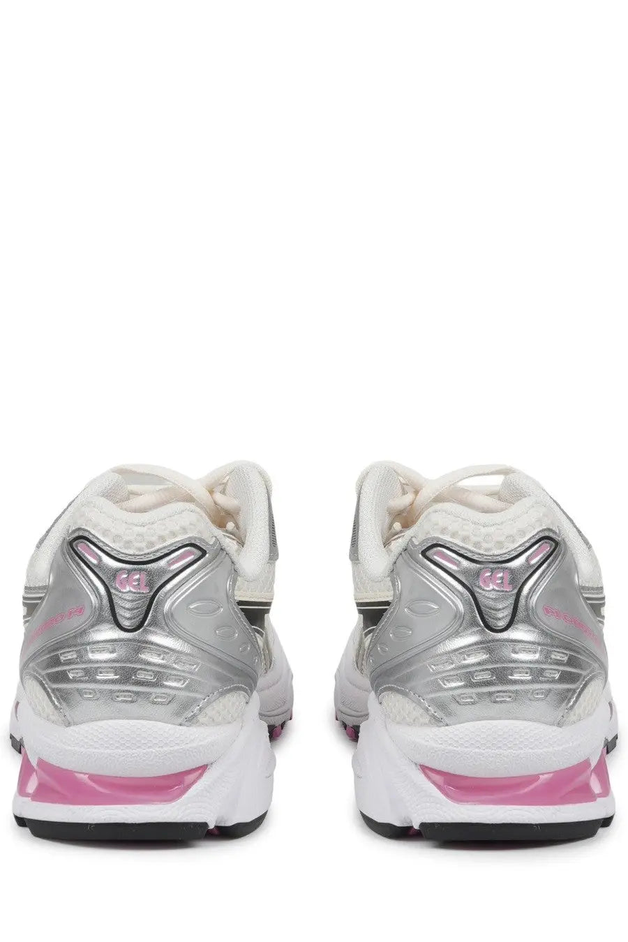 Silver and pink asics unisex sneaker gel kayano with mesh upper and metallic silver heel overlays, white midsole, black outsole