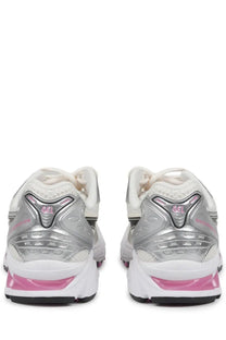Silver and pink asics unisex sneaker gel kayano with mesh upper and metallic silver heel overlays, white midsole, black outsole