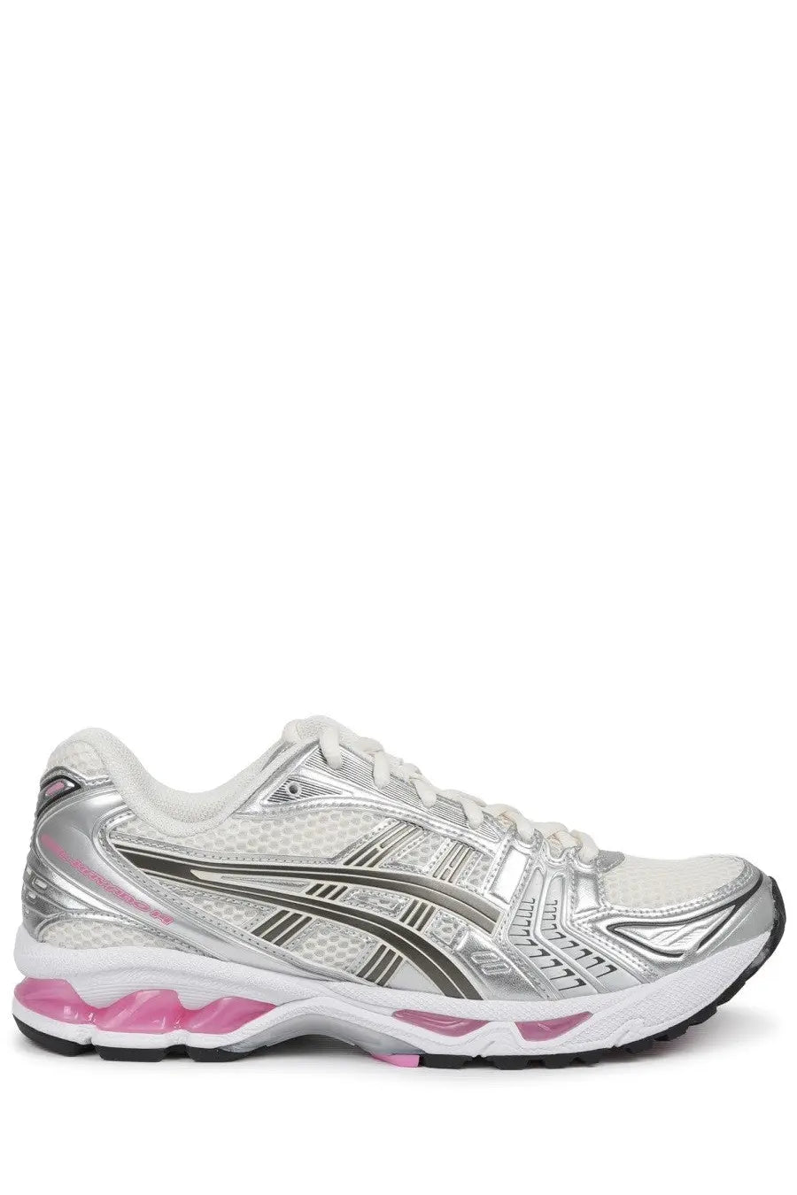 Asics unisex sneaker gel kayano multicolor silver and pink running shoe with mesh upper metallic accents and cushioned midsole
