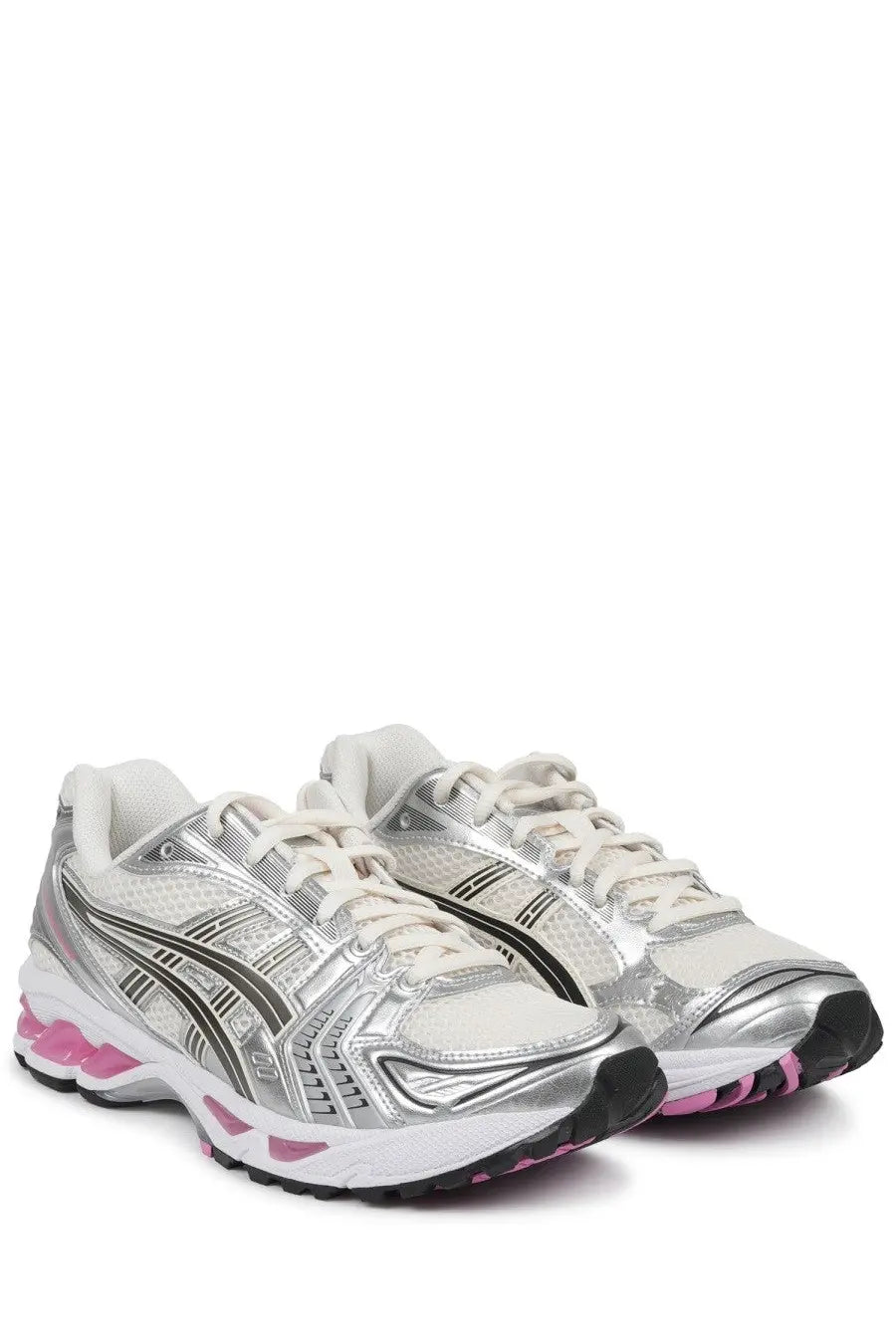 Asics unisex sneaker gel kayano with silver and pink metallic upper black accents and mesh detailing