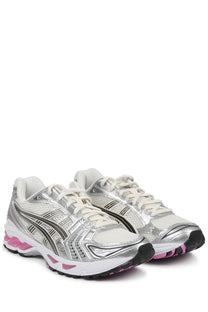 Asics unisex sneaker gel kayano with silver and pink metallic upper black accents and mesh detailing
