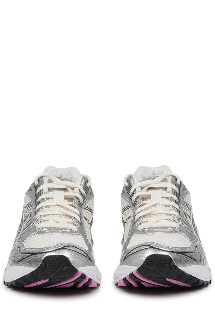 Silver and white asics unisex gel kayano sneaker with pink sole accents designed for athletic use